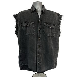 Biker Wear Black Denim Sleeveless Button Front Biker Shirt, Size L